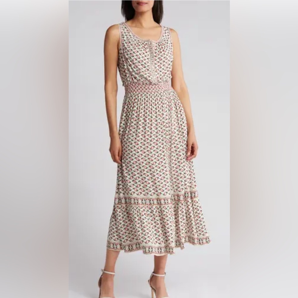 Floral Sleeveless Midi Dress - Cream and Pink